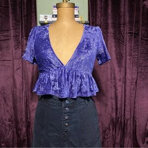 Urban Outfitters Crushed Velvet Deep V Peplum Crop Top in Purple